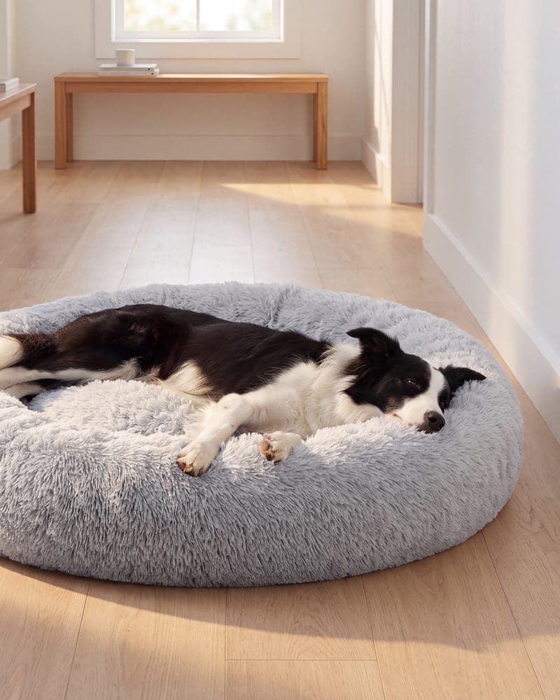 Border collie leży rozciągnięty w jasnoszarym legowisku w przedpokoju