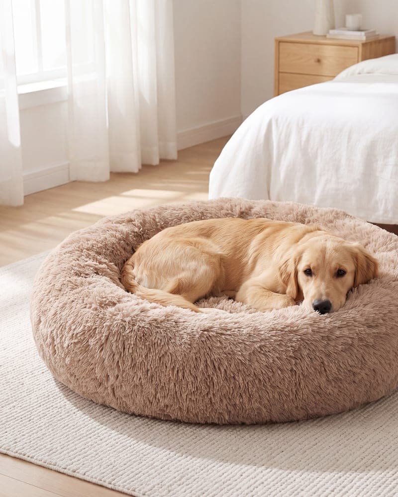Golden retriever śpi w beżowym legowisku na dywanie w sypialni