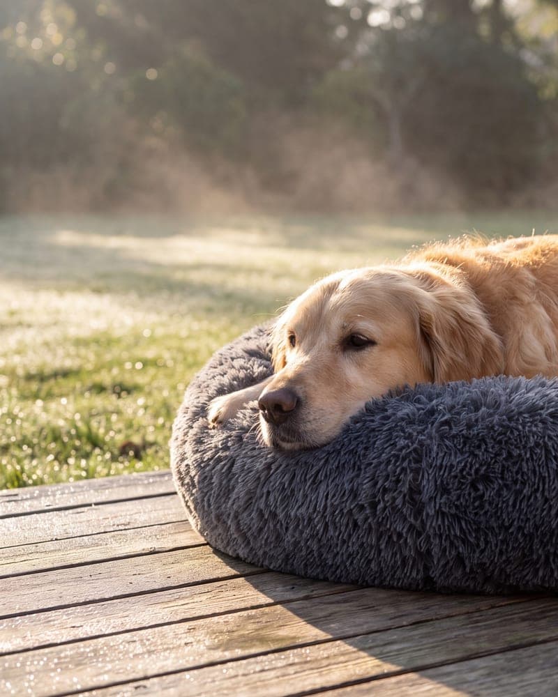 Golden retriever opiera głowę o rant grafitowego legowiska na tarasie